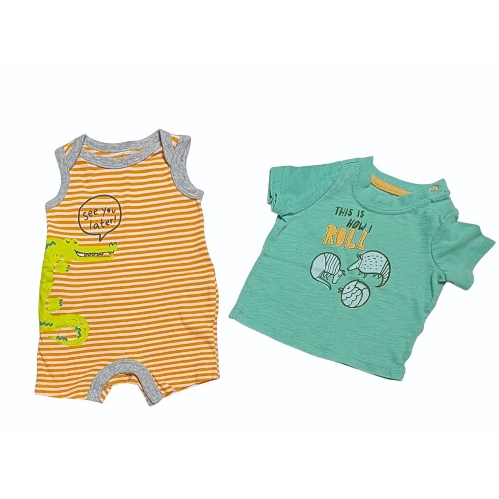 Cat & Jack Orange Alligator Romper + Green Sushi Top 0-3 Months Whimsigoth
